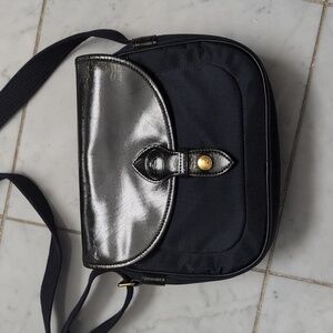 Longchamp Black Nylon Crossbody Shoulder Bag Patent Trim Gold Hardware
